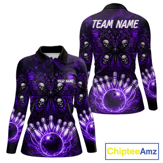 Custom Black & Purple bowling jersey Butterfly skull Bowling Team Shirts, bowling attire for women NQS11367