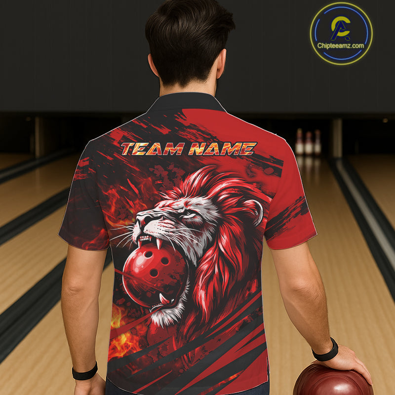 Black and Red Lion Bowling Hawaiian Jersey, Lion Bowling Team League button-up shirts NQS11572