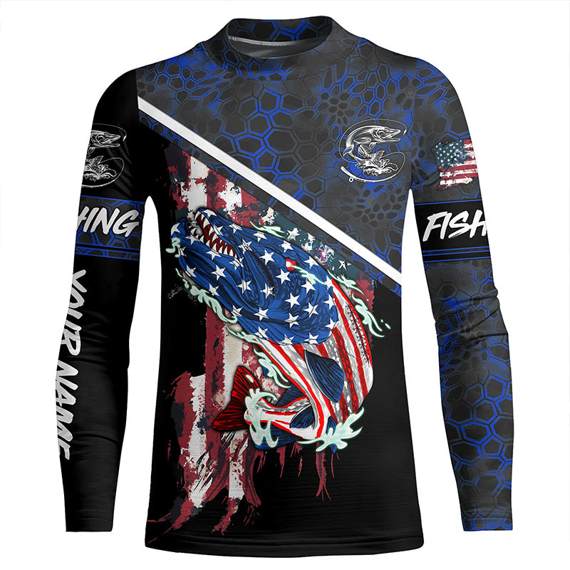 American Flag Northern pike fishing blue camo Custom name long sleeve Fishing Shirts NQS4822
