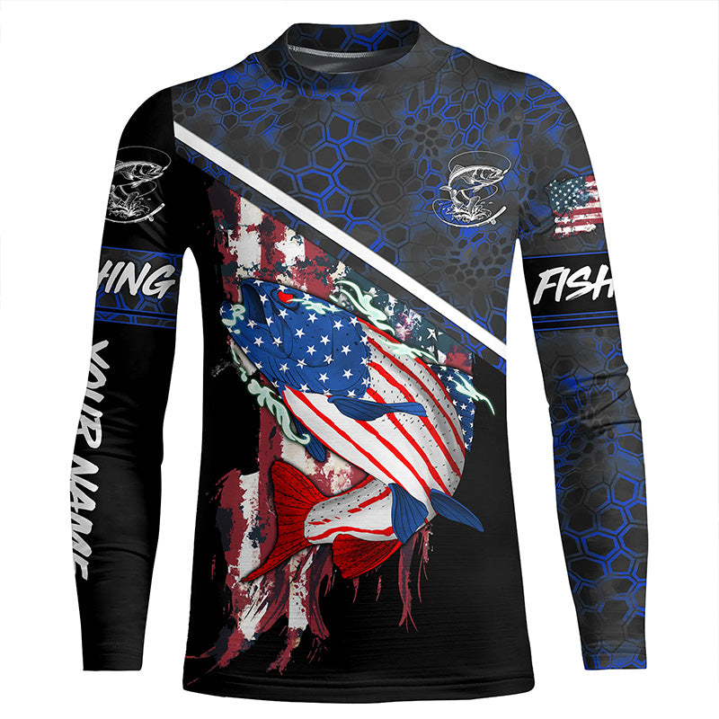 American Flag trout fishing blue camo Custom name trout long sleeve Fishing Shirts NQS4823