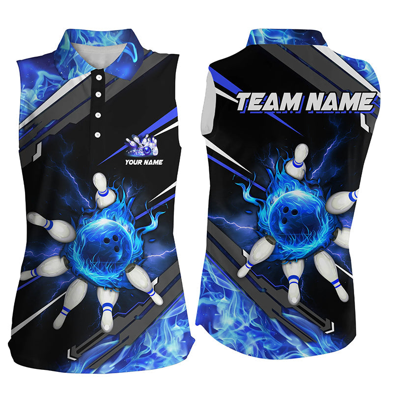 Black and Blue Flame Bowling ball pins Women Sleeveless Polo Shirts Custom team Bowling jerseys NQS7972
