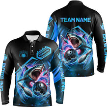 Load image into Gallery viewer, Personalized Black and Blue Angry Shark Bowling shirt for Men Custom Team's Name Bowler Jersey NQS8845