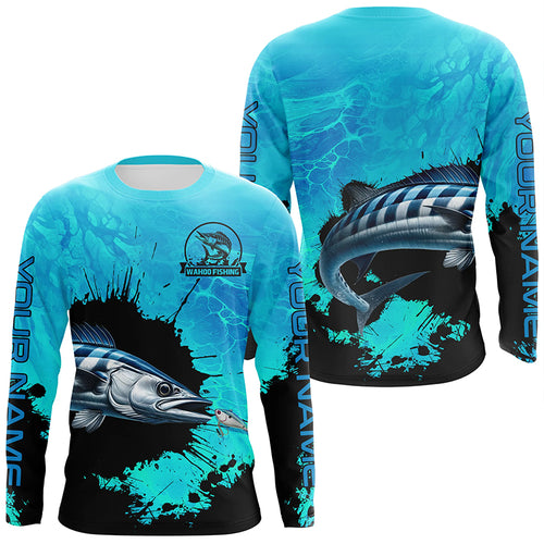 Personalized Wahoo fishing Performance long sleeve Fishing Shirt, Wahoo fishing jerseys | Blue NQS6976