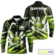 Load image into Gallery viewer, Green Thunder Lightning bowling ball and pins jerseys Custom Team Bowling Polo, 1/4 Zip Shirts For Men NQS9832