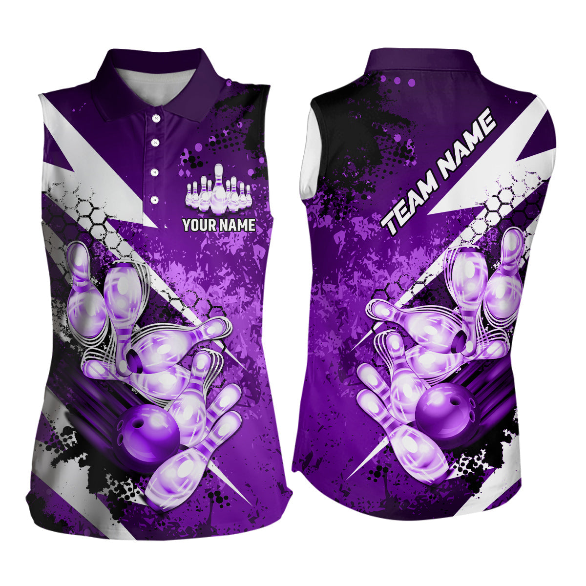 Purple grunge lightning Women Bowling sleeveless polo shirts Custom Team Bowling Jerseys NQS8661
