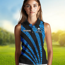 Load image into Gallery viewer, Custom Black and Blue camo Women Sleeveless polo shirt Custom ladies golf tops personalized golf gift NQS10609