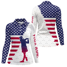 Load image into Gallery viewer, Red, White & Blue American Flag Women Golf Polo Shirts Custom patriotic golf attire for ladies NQS9203