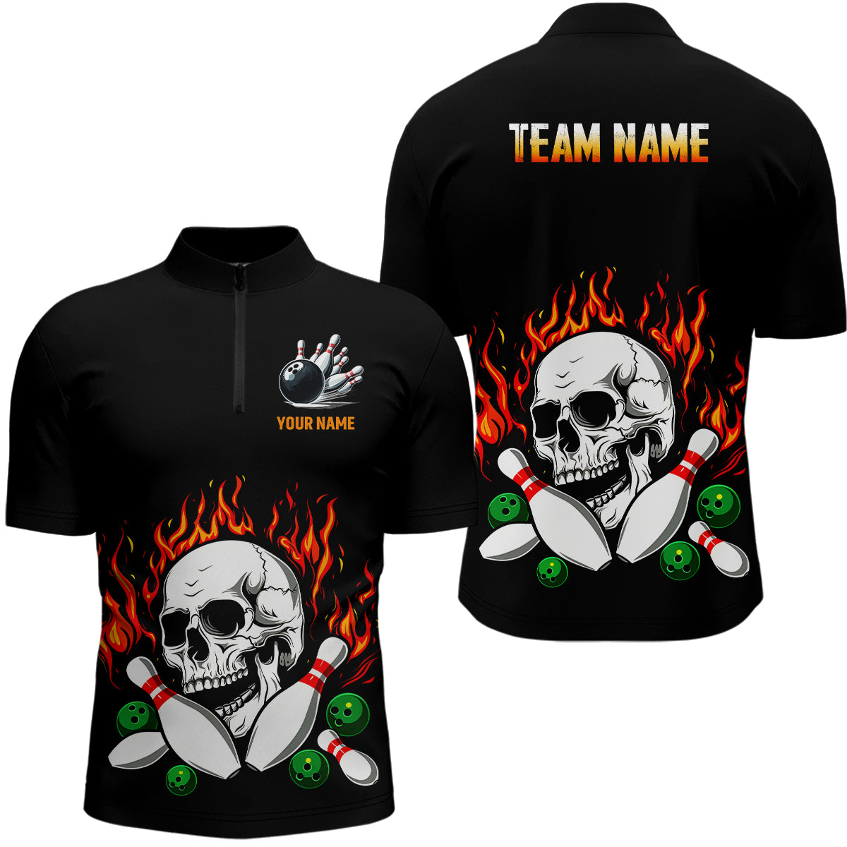 Flame Bowling Skull Mens Bowling Polo Quarter Zip Shirts Custom Team Chipteeamz 9880