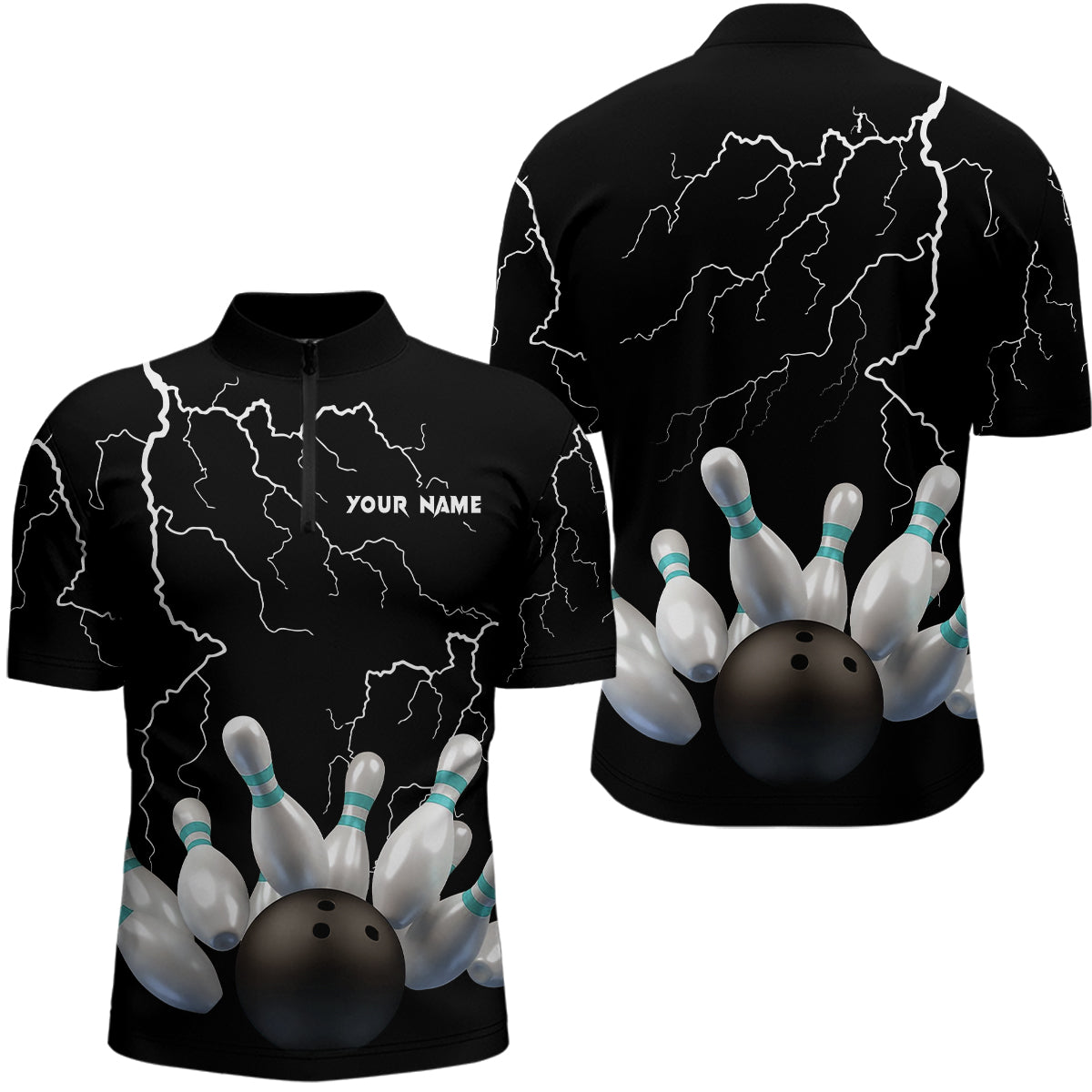 Black lightning thunder custom men bowling Quarter Zip shirt bowling ball pins team jerseys NQS6425