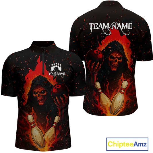Black and Red Flame Skull Reaper Bowling Shirt For Men Custom Halloween Bowling Team Outfit Jerseys NQS10695