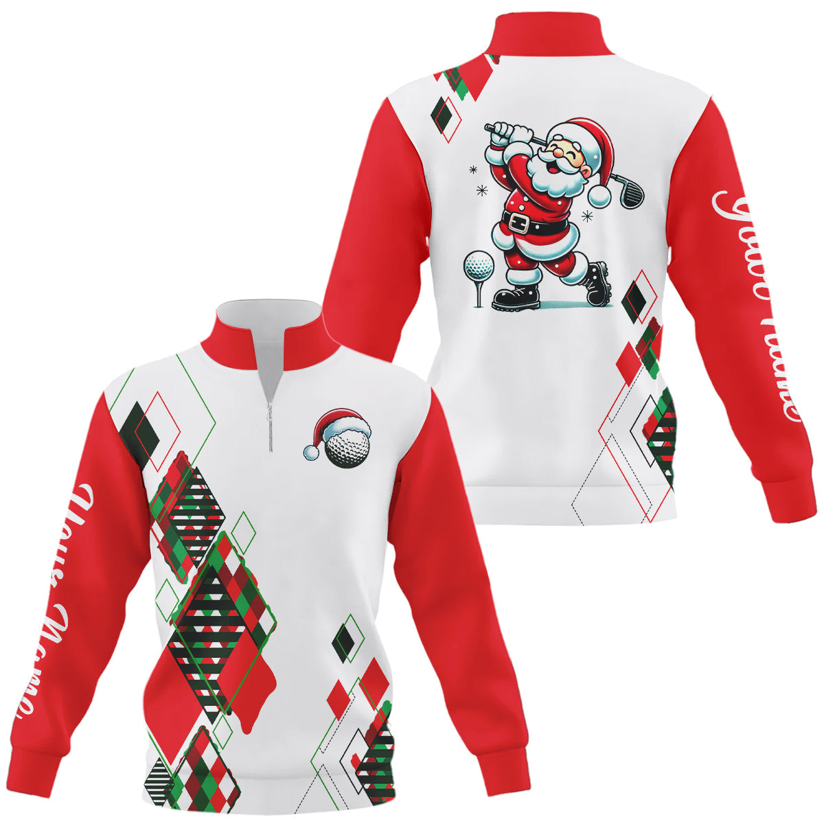 Christmas argyle pattern Santa Playing Golf Quarter zip golf sweatshirt Custom Xmas golf sweater NQS9010