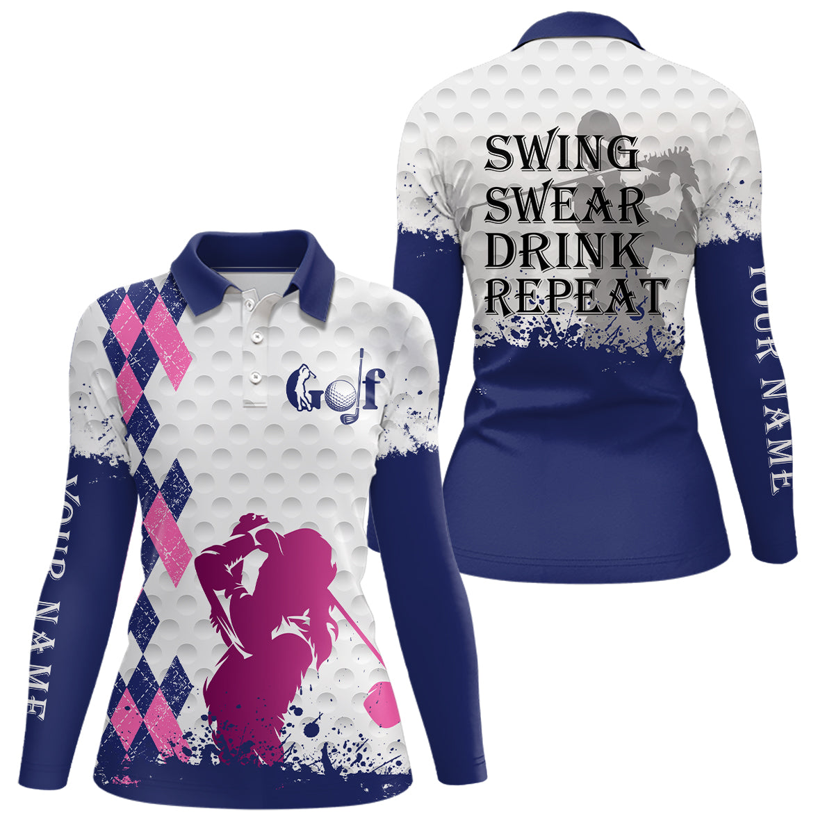 Blue pink argyle plaid white Women golf polo shirt custom swing swear ...
