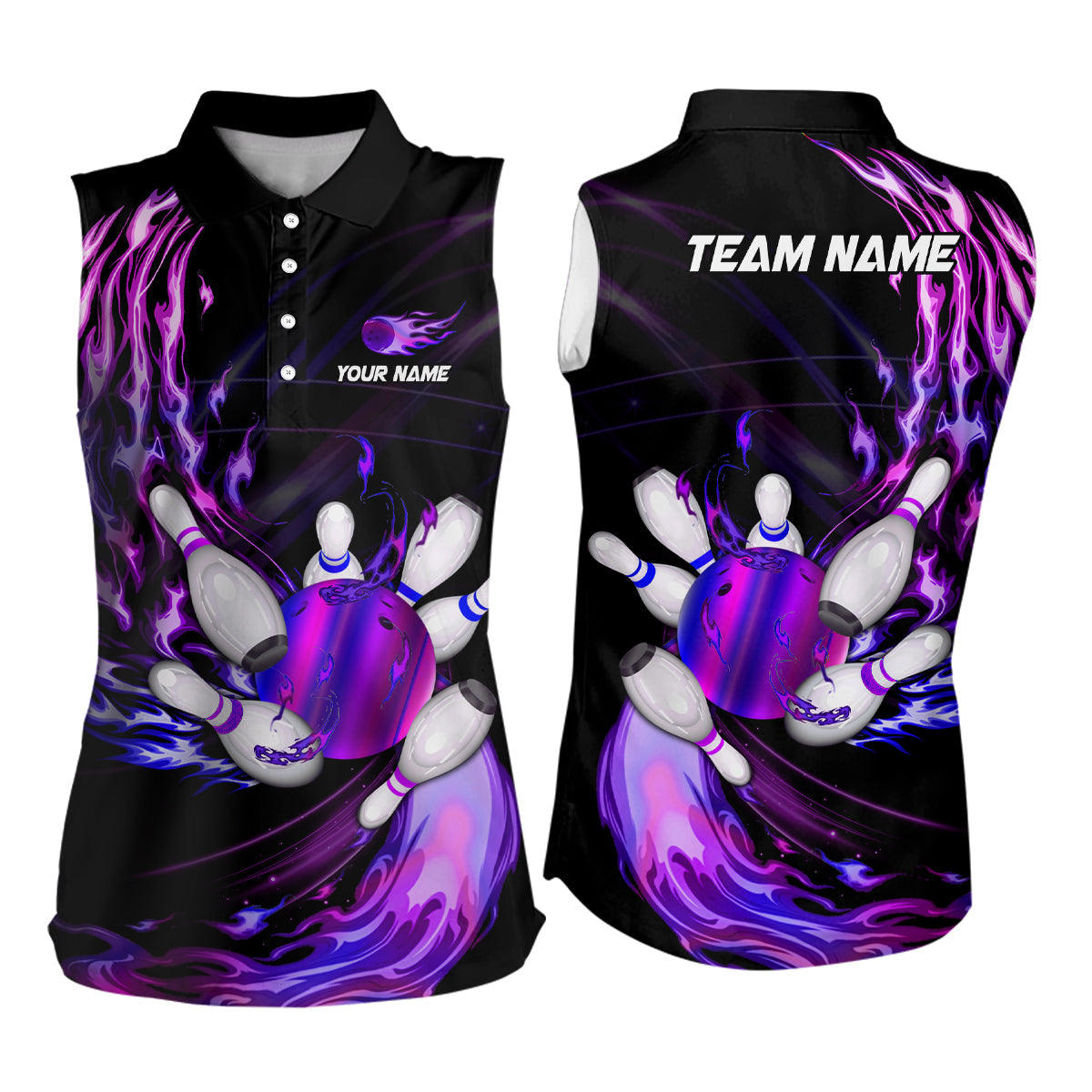 Women bowling sleeveless polos Custom Purple flame Bowling ball and pins Team league bowler Jersey NQS7369