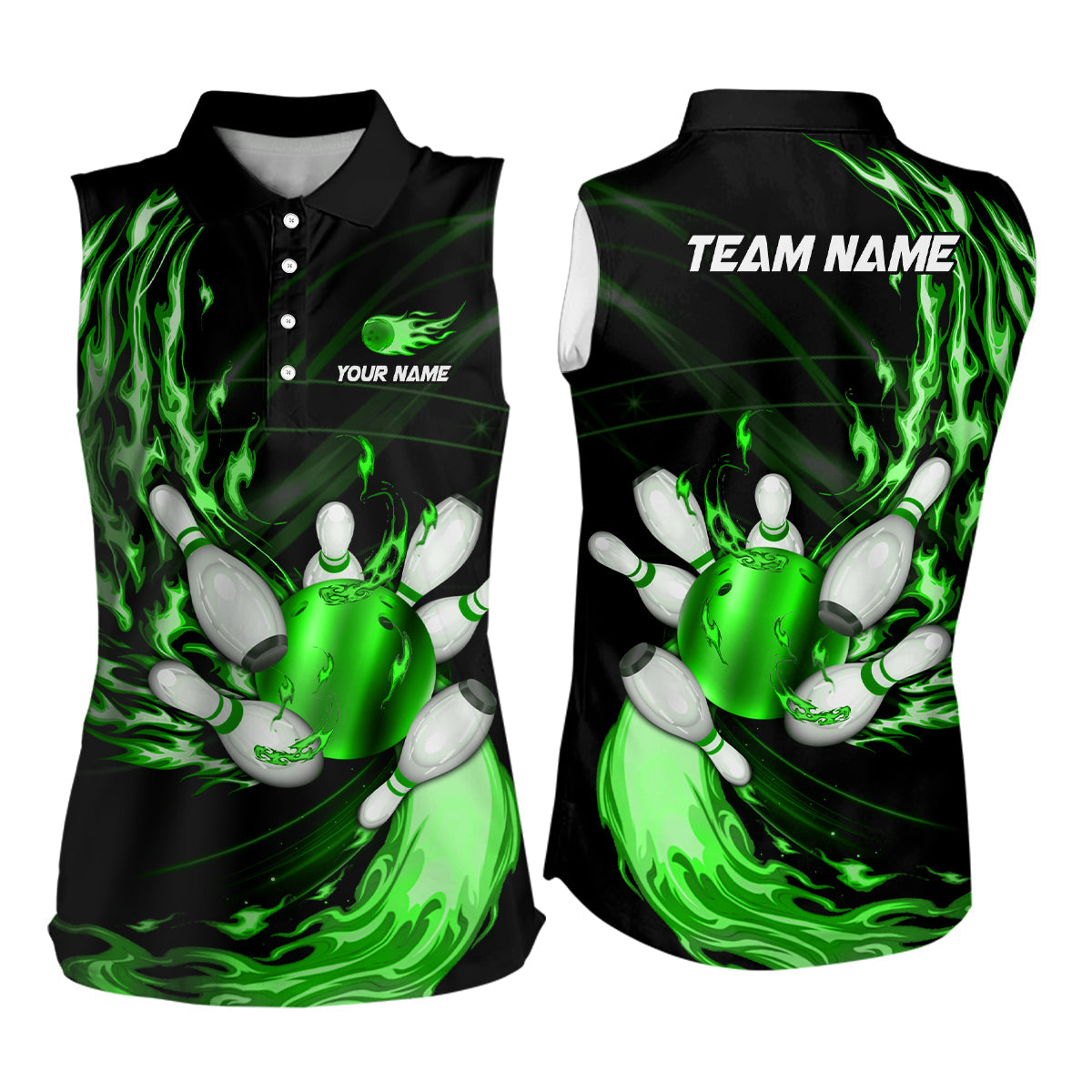 Women bowling sleeveless polos Custom Green flame Bowling ball and pins Team league bowler Jersey NQS7370