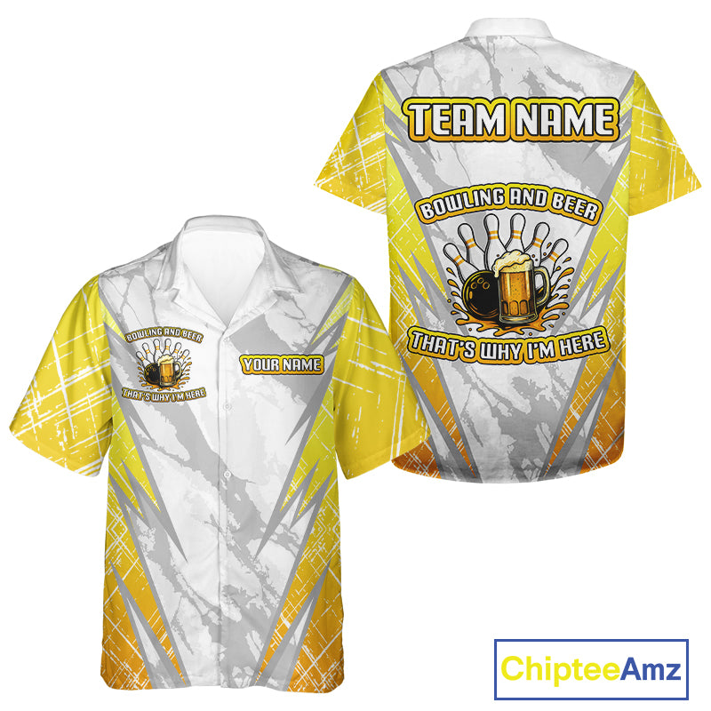 Bowling and beer That's why I'm here Funny Bowling Hawaiian Shirt Custom Team Bowling Button Up Shirt NQS10134
