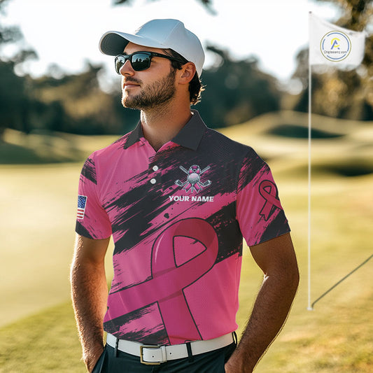 Black and Pink ribbon Men golf polo shirts Custom breast cancer American flag golf top for men NQS10140