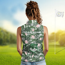 Load image into Gallery viewer, Green tropical leaf pattern pink flower funny Sleeveless Golf polo shirts Custom ladies golf outfits NQS10023