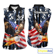 Load image into Gallery viewer, Blue Camo American Flag Eagle Flame Sleeveless polo Shirt Custom Patriotic Team Ladies Golf Outfit NQS10552