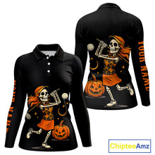 Load image into Gallery viewer, Black and Orange Skull Golf polo shirt for Women Custom Halloween Ladies golf outfit NQS10353