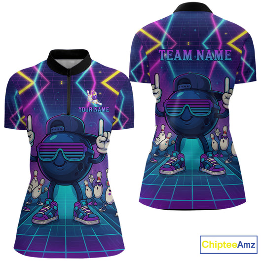 Purple neon stage funny Bowling polo, quarter zip shirts for Women Custom funny bowling team shirts NQS10299