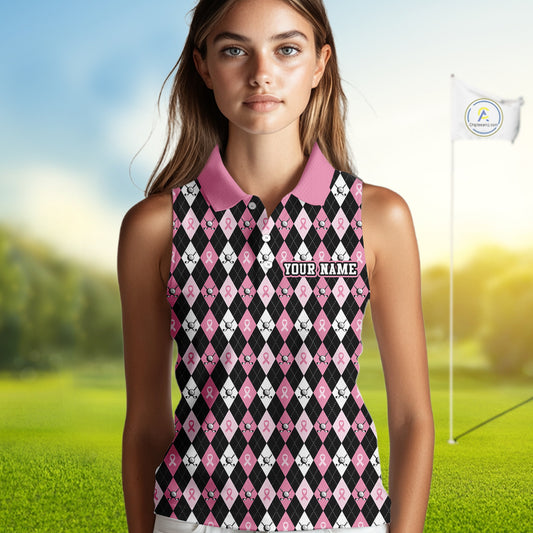 Black & Pink ribbons argyle pattern Sleeveless polo shirt Custom Breast Cancer Awareness golf outfit NQS10513