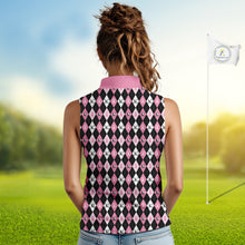 Load image into Gallery viewer, Black & Pink ribbons argyle pattern Sleeveless polo shirt Custom Breast Cancer Awareness golf outfit NQS10513