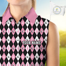Load image into Gallery viewer, Black & Pink ribbons argyle pattern Sleeveless polo shirt Custom Breast Cancer Awareness golf outfit NQS10513