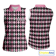 Load image into Gallery viewer, Black & Pink ribbons argyle pattern Sleeveless polo shirt Custom Breast Cancer Awareness golf outfit NQS10513