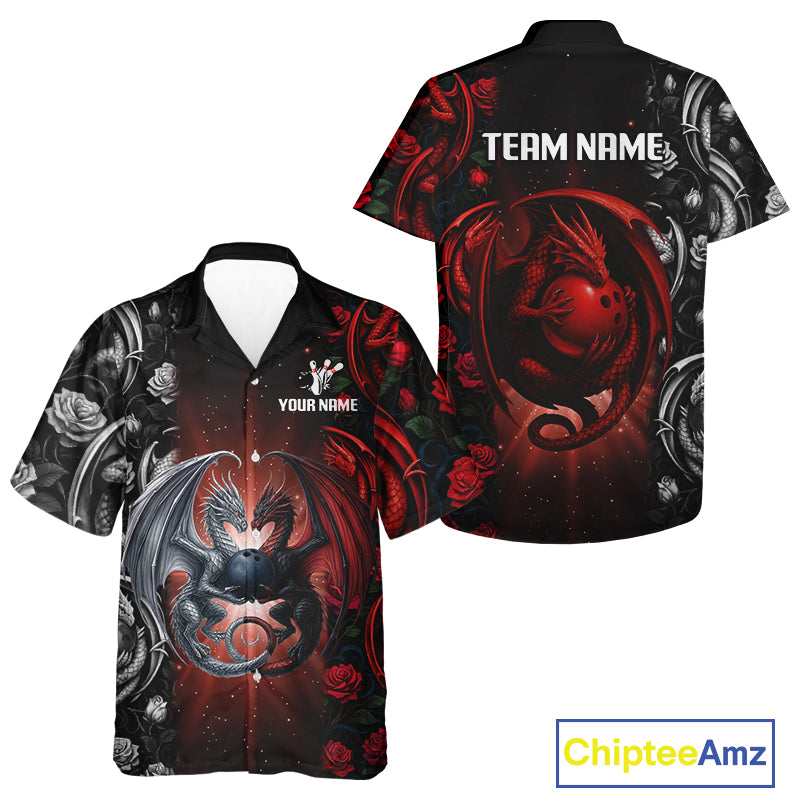 Red Dragon Roses Pattern Custom Bowling Hawaiian Shirts For Men, Dragon Bowling League Shirt NQS10626