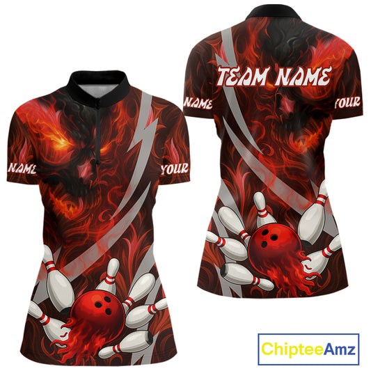 Red Flame Skull Bowling Polo, Quarter Zip shirts For Women Custom Halloween Team Bowling Outfit NQS10636