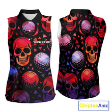 Load image into Gallery viewer, Red Gradient Skull Golf Ball pattern Sleeveless polo golf shirts Custom Halloween golf top for ladies NQS10511