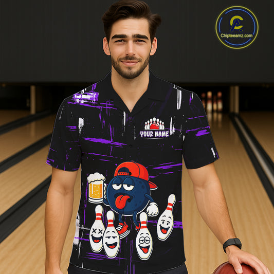 Custom Black And Purple Funny Beer Hawaiian bowling jersey, funny bowling shirts NQS11489