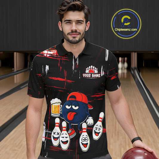 Custom Black And Red Funny Beer Bowling Men Polo, Quarter Zip Shirts, funny bowling shirts NQS11490