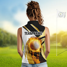 Load image into Gallery viewer, Black & White Gold Flame Women Sleeveless Polo Shirt custom team ladies golf attire, golf gifts NQS10905