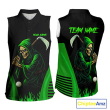 Load image into Gallery viewer, Black and Green Flame Skull Reaper Women Sleeveless Polo Shirt Custom team golf outfits for ladies NQS10713