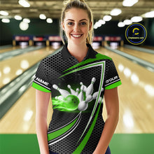 Load image into Gallery viewer, Black and Green Flame Bowling Shirts For Women Custom Team Bowling Jersey, Gift For Bowlers NQS10858