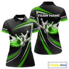 Load image into Gallery viewer, Black and Green Flame Bowling Shirts For Women Custom Team Bowling Jersey, Gift For Bowlers NQS10858