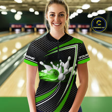 Load image into Gallery viewer, Black and Green Flame Bowling Shirts For Women Custom Team Bowling Jersey, Gift For Bowlers NQS10858