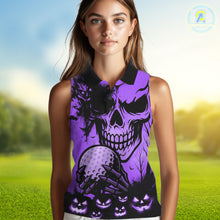 Load image into Gallery viewer, Skull Women's Sleeveless Polo Shirt Halloween Golf Outfits, Halloween golf gifts | Purple NQS10661