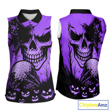 Load image into Gallery viewer, Skull Women's Sleeveless Polo Shirt Halloween Golf Outfits, Halloween golf gifts | Purple NQS10661