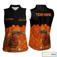 Load image into Gallery viewer, Black and Orange Autumn Leaf Custom Turkey Women Sleeveless Golf Polo Shirt, Thanksgiving Golf Attire NQS10700