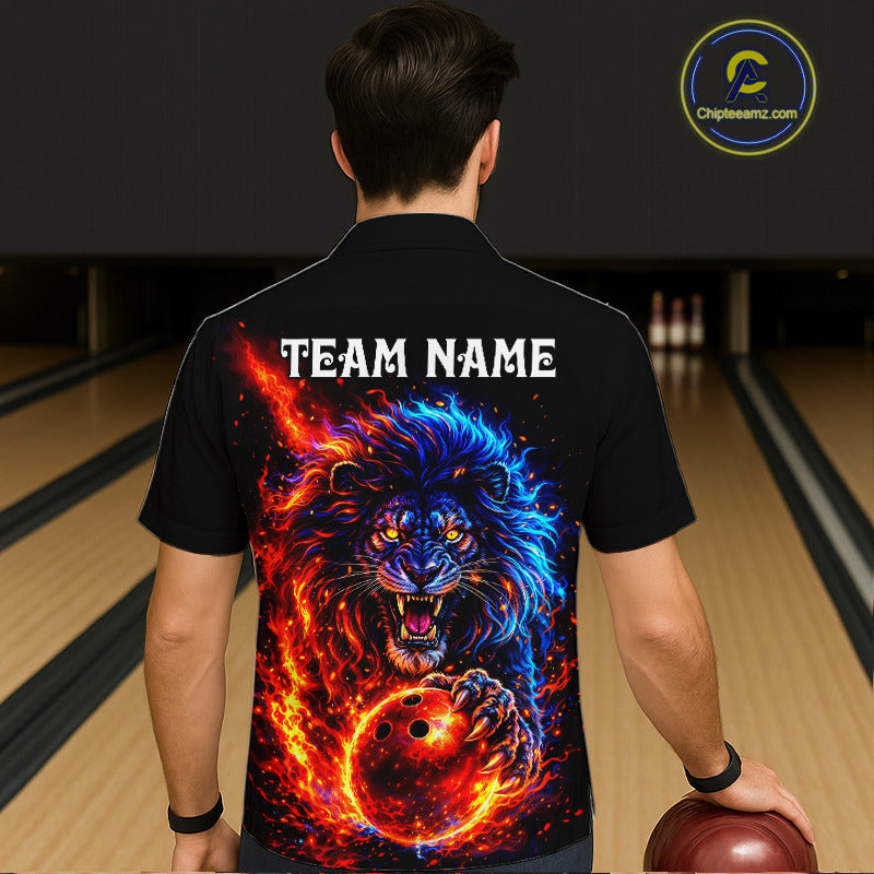 Red and Blue Flame Lion Bowling Hawaiian Shirt Custom Fire Lion Team Bowling Button Up shirt NQS11347