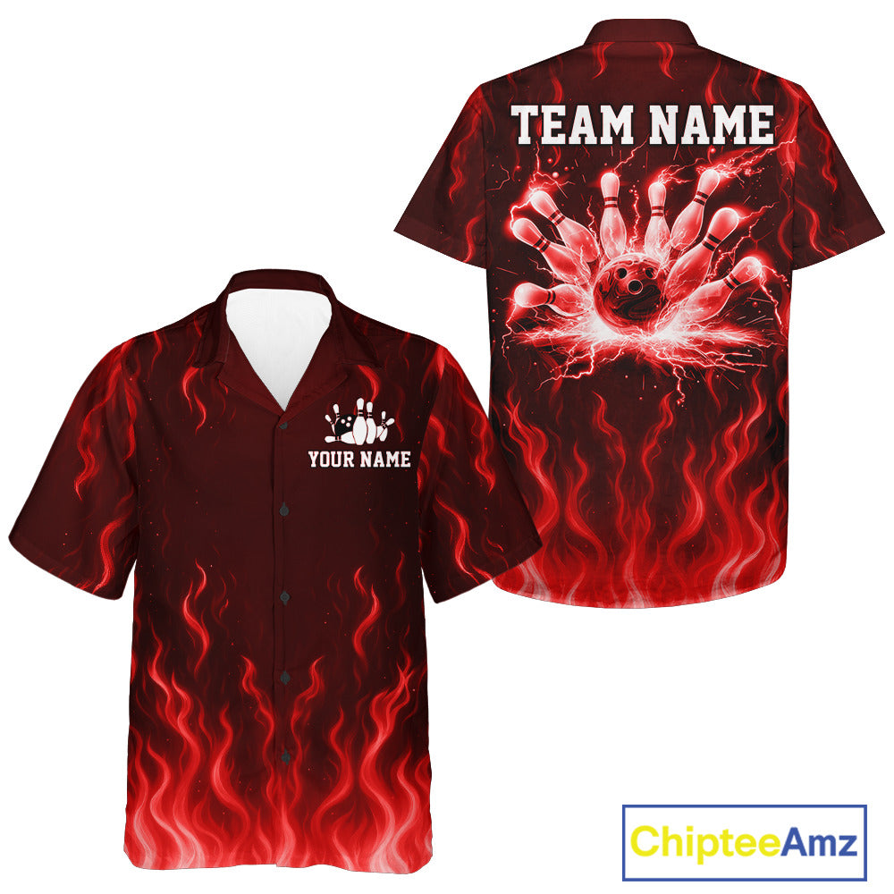 Red flame lightning thunder Hawaiian Bowling jerseys custom Bowling team button up shirt NQS10979