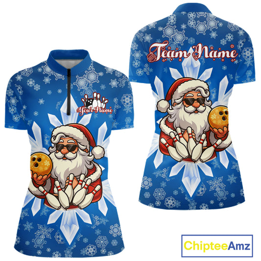 Blue Snowflake Funny Santa Bowling Shirts For Women Custom Christmas Bowling Team Jersey Xmas Gifts NQS11007