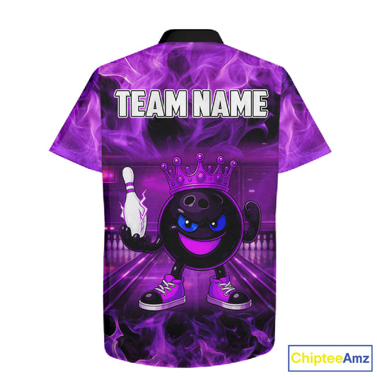 Funny Crown Bowling Purple Flame Bowling Button-up Shirt Custom Hawaiian Bowling Team Jersey NQS11721