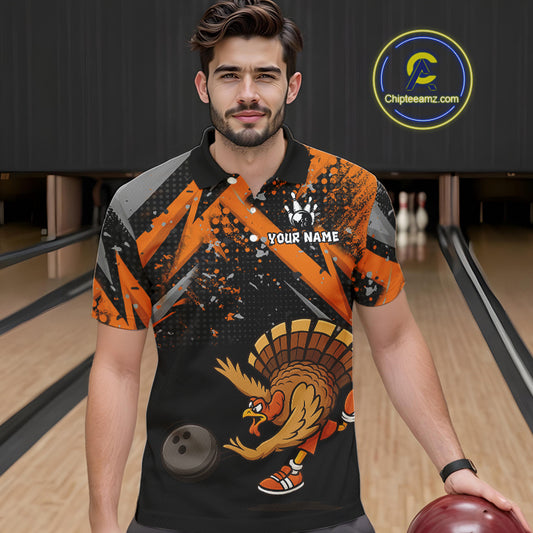 Custom Funny Turkey Bowling Jersey Black and Orange Thanksgiving Bowling Team Men Polo, 1/4 Zip Shirt NQS10671