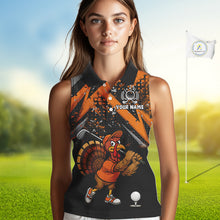 Load image into Gallery viewer, Custom Funny Turkey Ladies Golf top Black & Orange camo Thanksgiving Women Sleeveless Golf polo shirt NQS10672