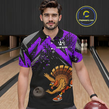 Load image into Gallery viewer, Custom Funny Turkey Bowling Jersey Black and Purple Thanksgiving Bowling Team Men Polo, 1/4 Zip Shirt NQS10901
