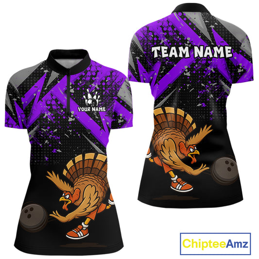 Custom Funny Turkey Bowling Jersey Black & Purple Thanksgiving Bowling Team Women Polo, 1/4 Zip Shirt NQS10901