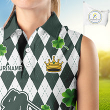 Load image into Gallery viewer, Green argyle pattern lucky shamrock Sleeveless Polo Shirt Custom St. Patrick's ladies golf outfit NQS10775